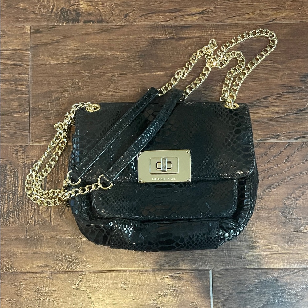 Michael Kors Black Snake-Effect Crossbody Bag with Gold Chain